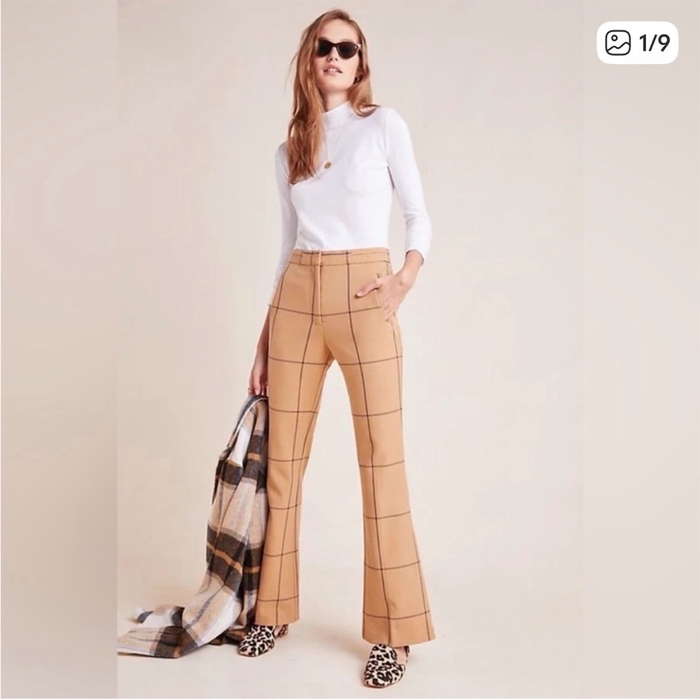 Anthropologie Tan Checkered Flare Pants